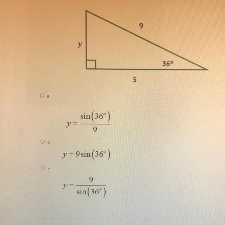 Which equation correctly uses the trigonometric ratio for sine to solve for y?-example-1