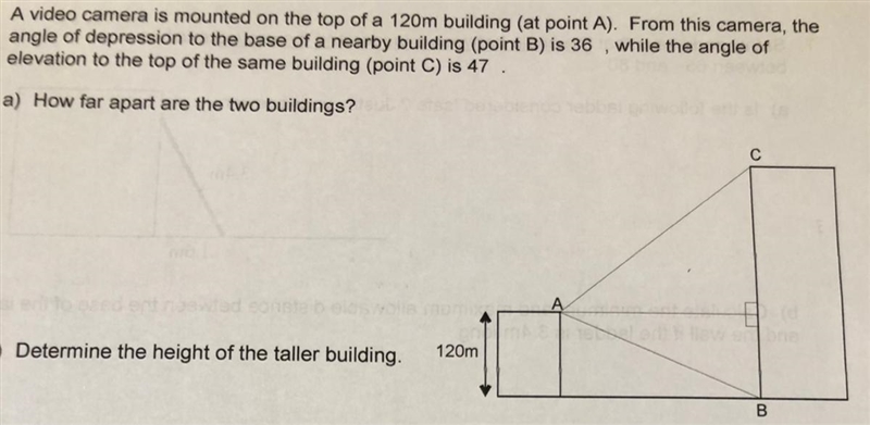 Where is the angle of depression? Where is the angle of elevation? How far apart are-example-1