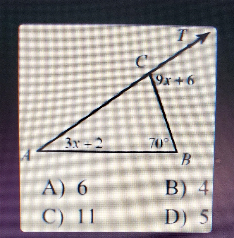 Find the value of x A-6 B- 4 C- 11 D- 5-example-1