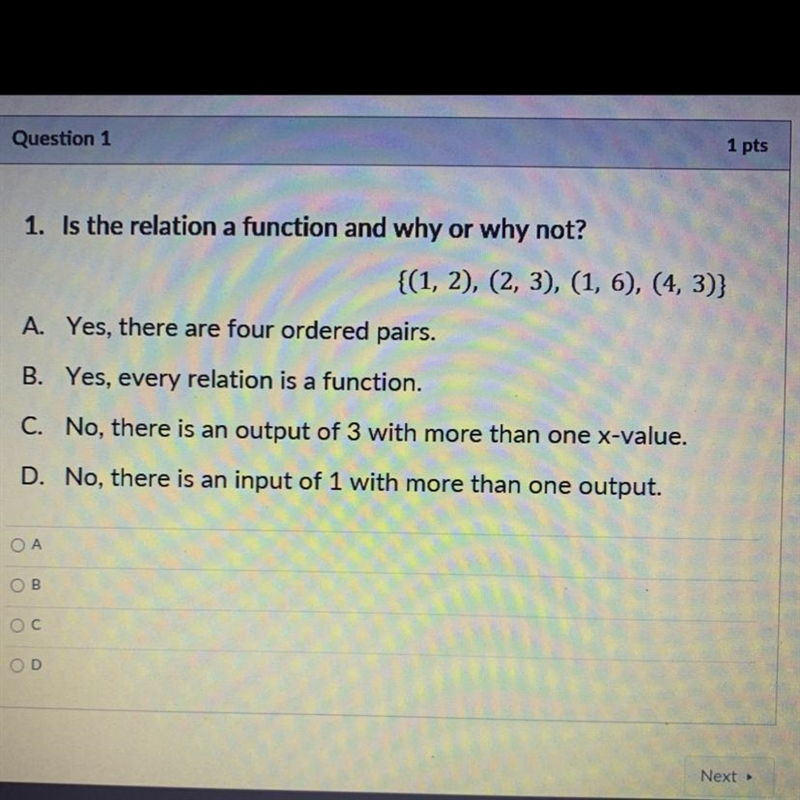 1. Is the relation a function and why or why not? {(1, 2), (2, 3), (1, 6), (4,3)}-example-1