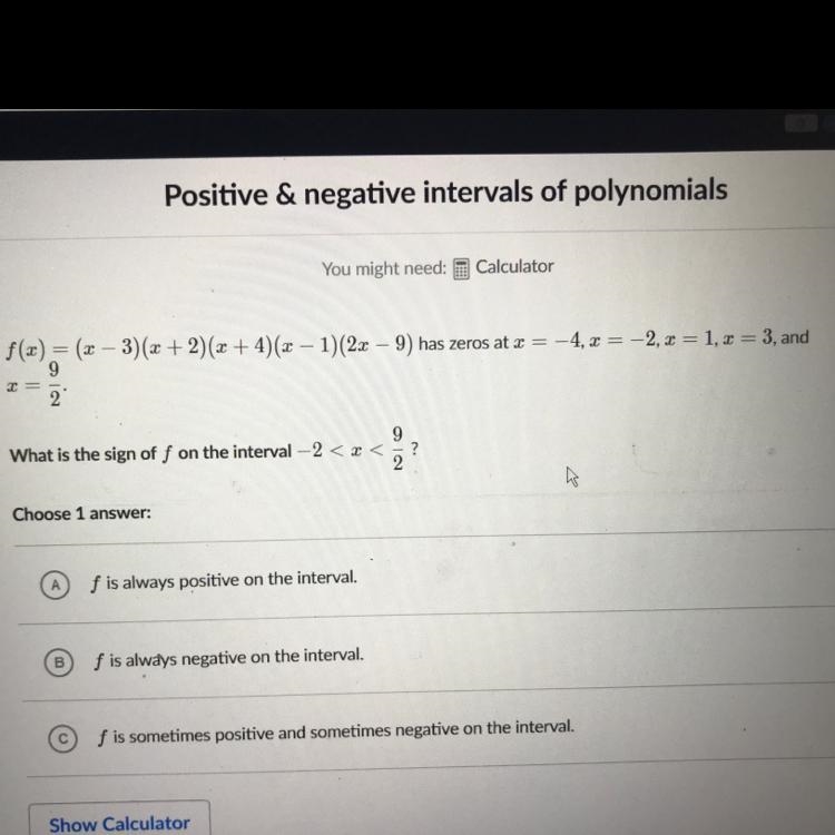 What is the sign of f on the interval -2-example-1