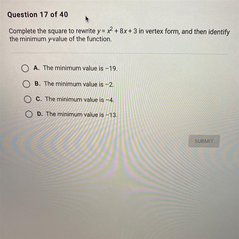 Complete the square to rewrite y = x2 + 8x+ 3 in vertex form, and then identify the-example-1