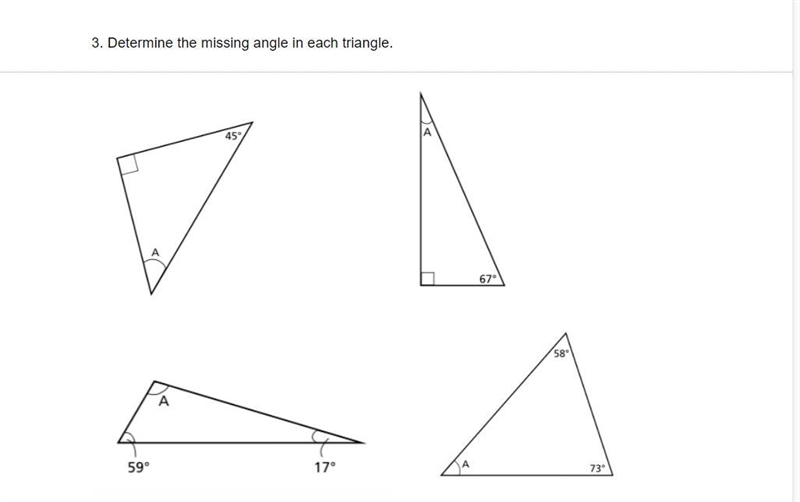 Determine the missing angle in each triangle.-example-1