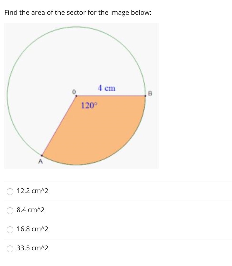 Question 3- Please help. Find the area of the sector for the image below:-example-1