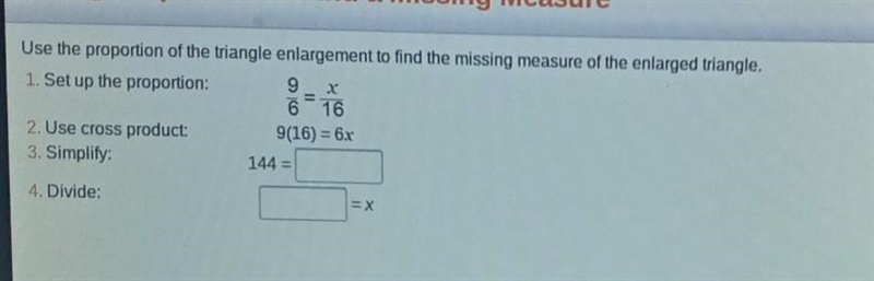 Use the proportion of the triangle enlargement to find the missing measure of the-example-1