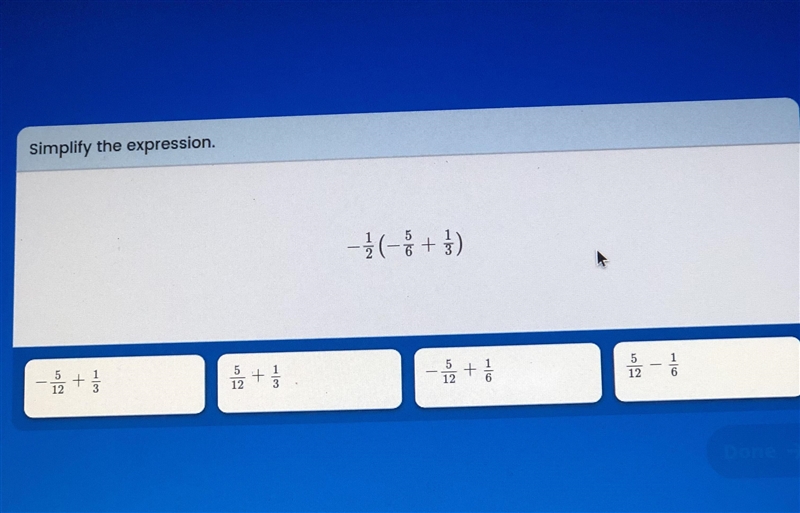 Simplify the expression -1/2(-5/6 + 1/3)-example-1