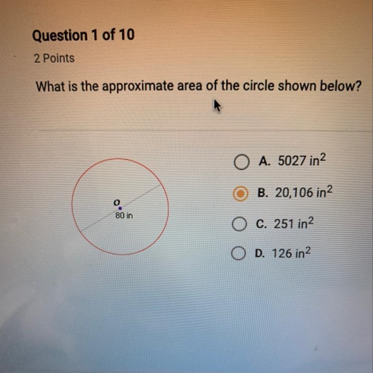 What is the approximate area of the circle shown below?-example-1