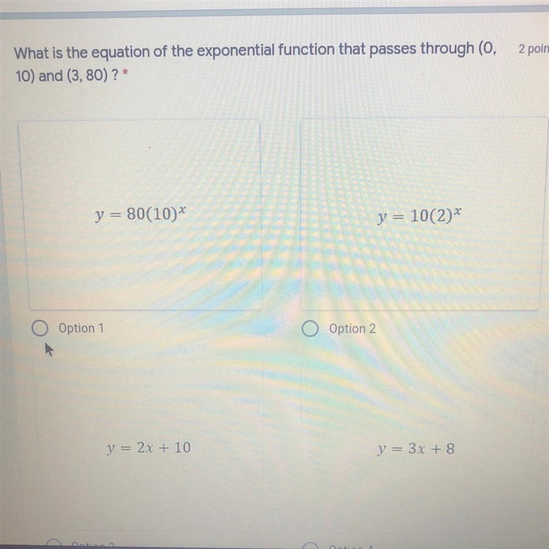 What is the equation of the exponential function that passes through (0,10) and (3,80) ? A-example-1