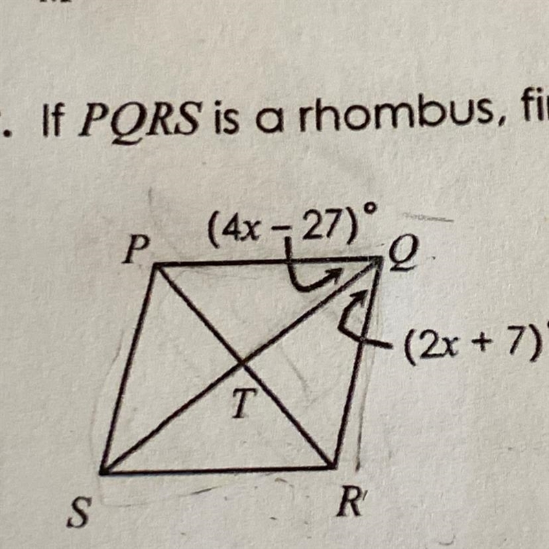 If PQRS is a rhombus, find PQR.-example-1