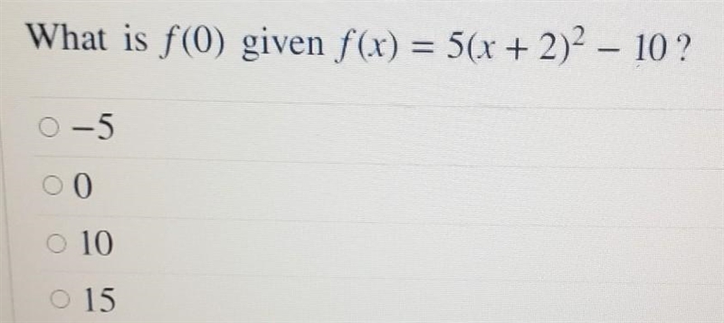 What is f(0) given f(x) = 5(x + 2)2 - 10? ​-example-1