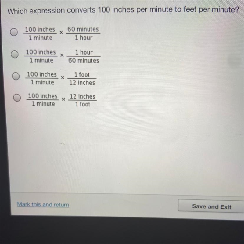 Which expression converts 100 inches per minute to feet per minute?-example-1