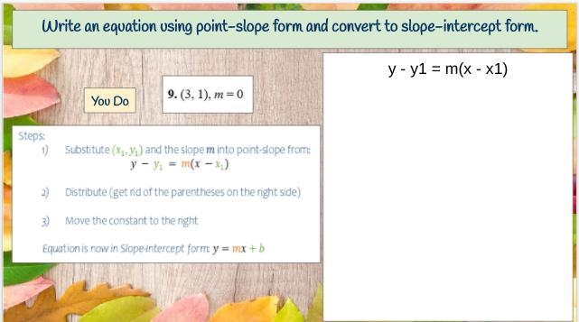 Can someone write the equation using the slope by 9. for me-example-1