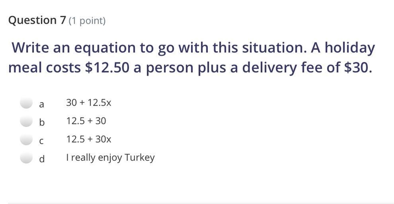 Write an equation to go with this situation. A holiday meal costs $12.50 a person-example-1