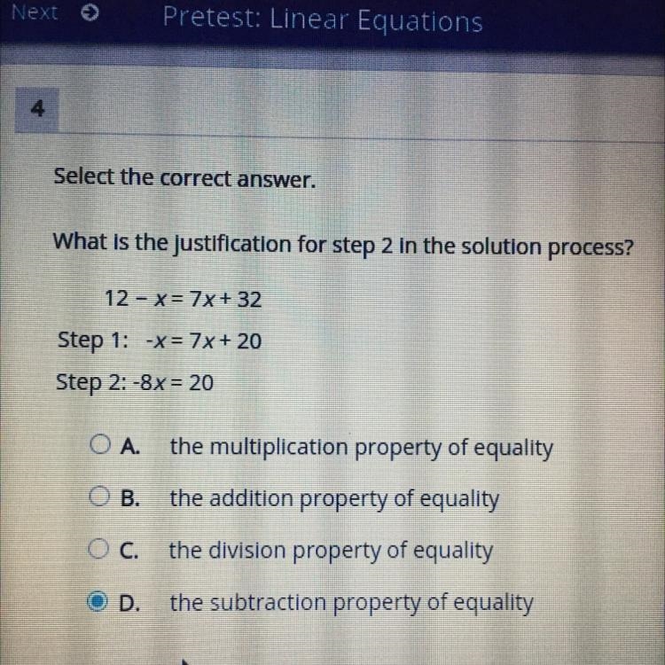 What is the justification for step 2 in the solution process? 12 - X= 7x+32 Step 1: -X-example-1