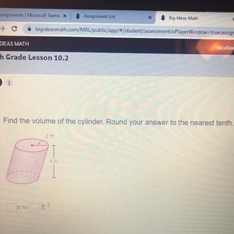 Find the volume of the cylinder. Round your answer to the nearest tenth. 2 ft 41-example-1