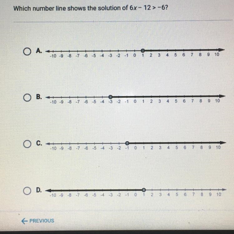 Which number line shows the solution of 6x- 12>-6?-example-1