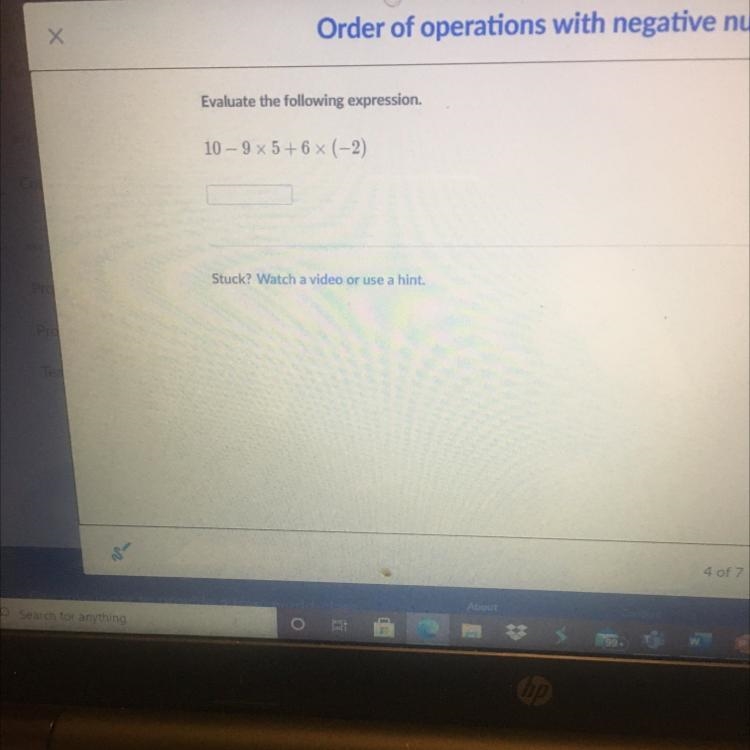 10 -9 x 5 + 6 x ( -2 ) evaluate-example-1