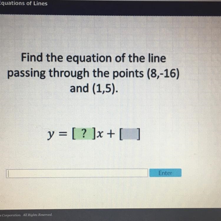 Find the equation of the line passing through the points (8,-16) and (1,5)-example-1