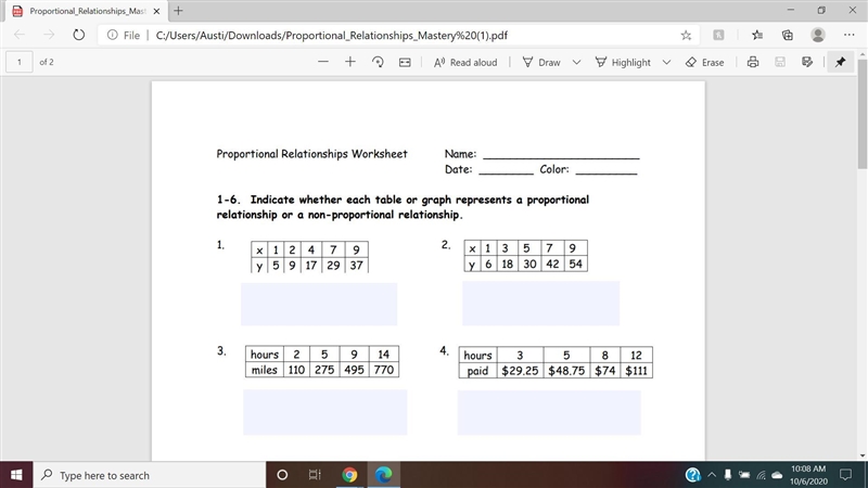 1-6. Indicate whether each table or graph represents a proportional relationship or-example-1