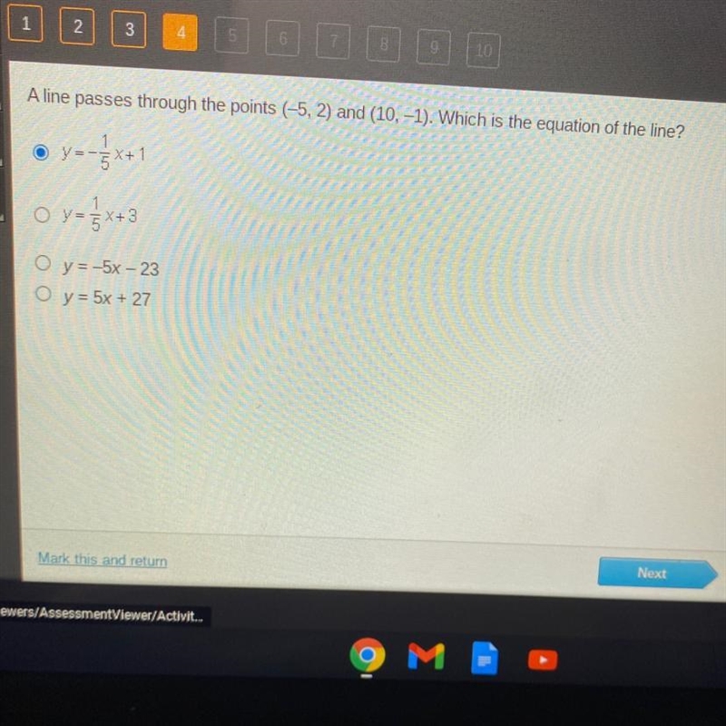 A line passes through the points (-5, 2) and (10,-1). Which is the equation of the-example-1