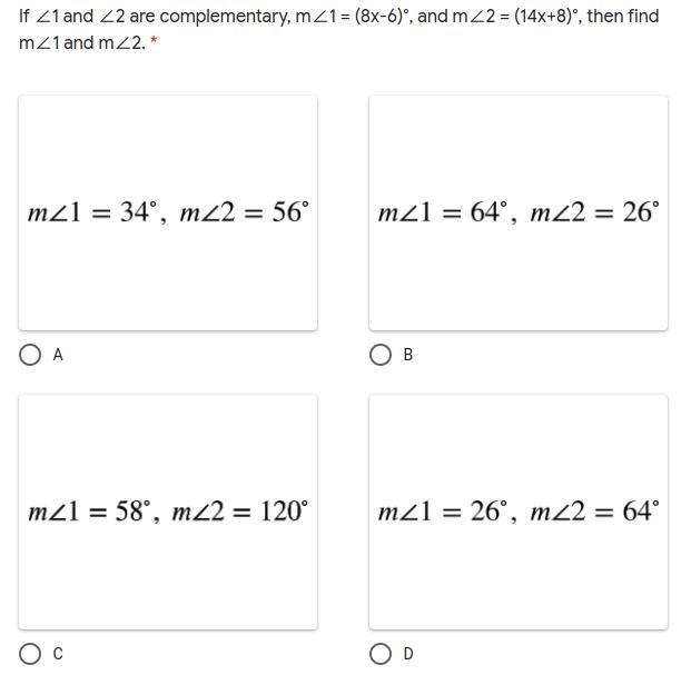 If ∠1 and ∠2 are complementary, m∠1 = (8x-6)°, and m∠2 = (14x+8)° URGENT PLEASE HELP-example-1