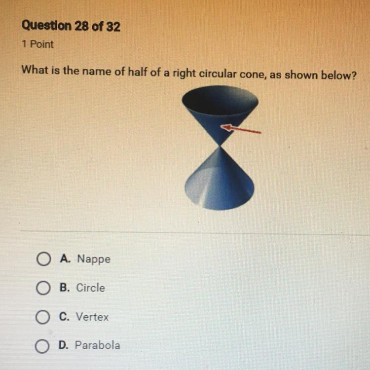 What is the name of half of a right circular cone, as shown below? A. Nappe B. Circle-example-1