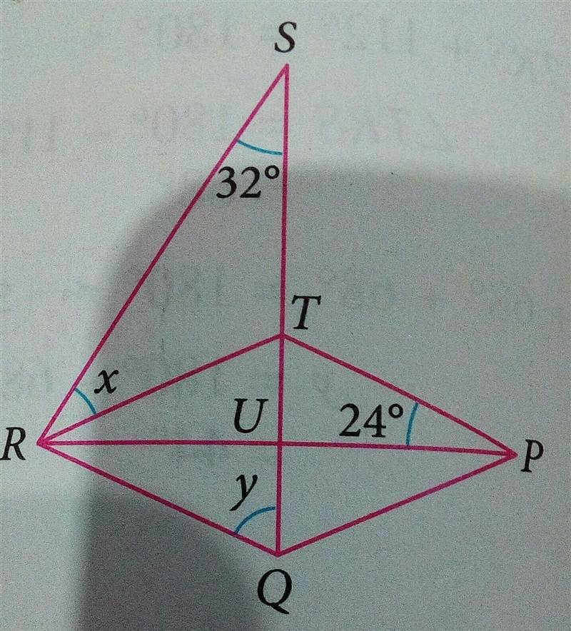 In the diagram, PQRT is a rhombus. STUQ and PUR are straight lines. Find the values-example-1