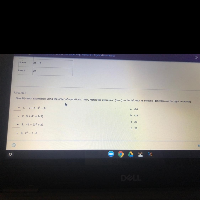 1-2 +4.32 - 6 a.-16 b -14 2. 5 + 422(3) C28 3. -5- (32 +2) d. 29 4 22 3.6-example-1