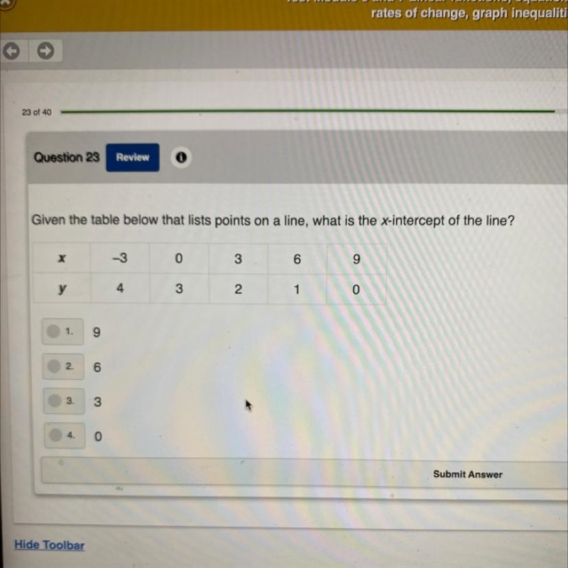 Given the table below that lists points on a line, what is the x-intercept of the-example-1