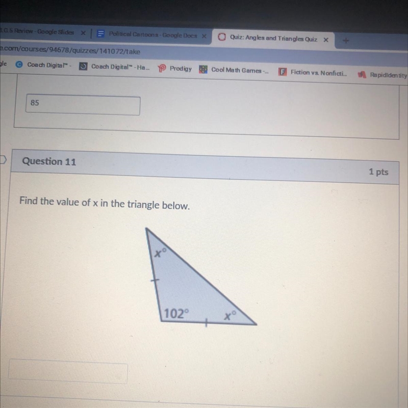 Find the value of x in the triangle below-example-1