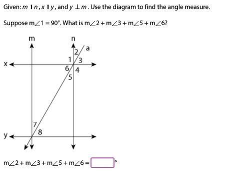 Given: m ∥ n, x ∥ y, and y ⊥ m. Use the diagram to find the angle measure.-example-1