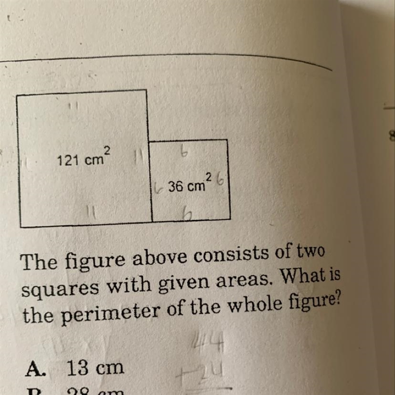 The figure above consists of two squares with given areas. What is the perimeter of-example-1