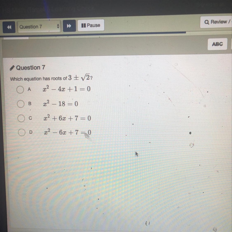 Which equation has roots of 3plus or minus sqare rt 2?-example-1