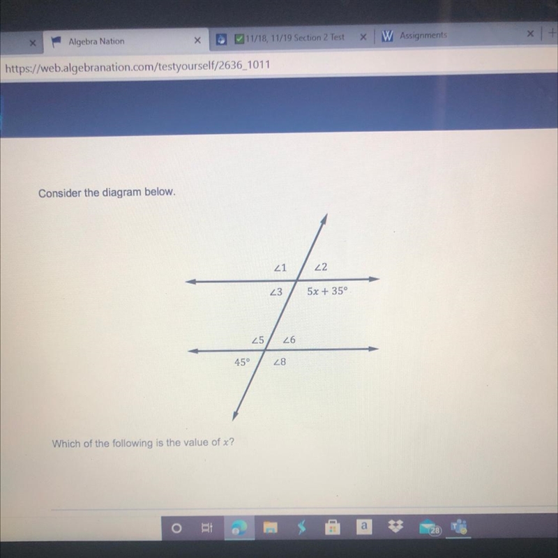 Which of the following is the value of x? A:2 B:11 C:20 D29-example-1