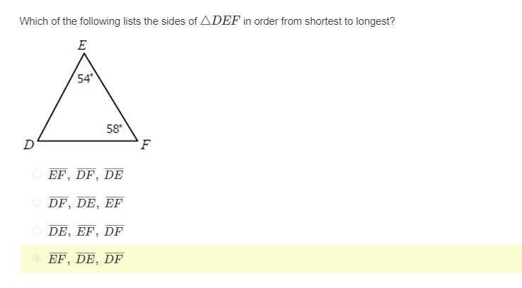 Which of the following lists the sides of △DEF in order from shortest to longest?-example-1