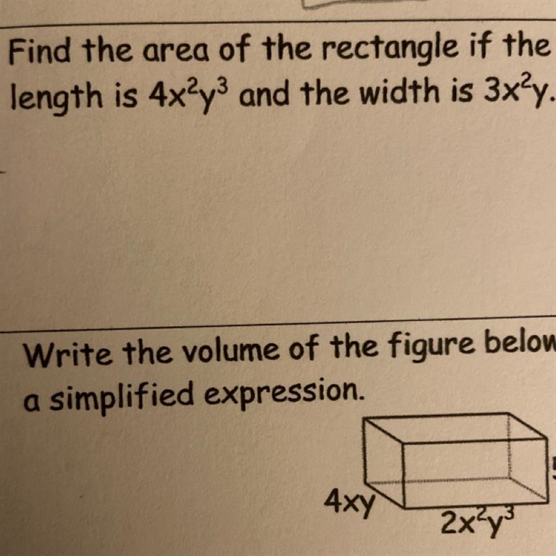 Find the area of the rectangle if the length is 4xy and the width is 3x?y.-example-1