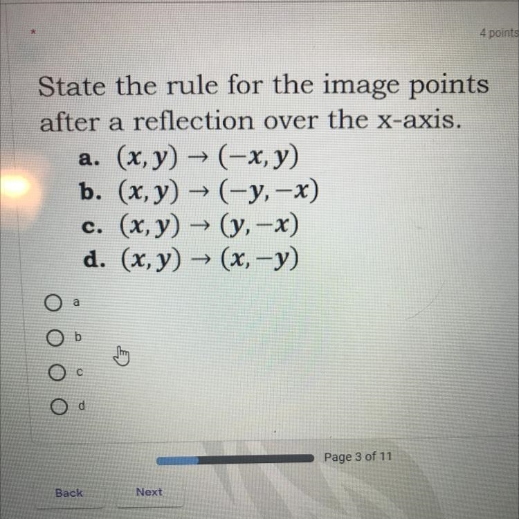 State the rule for image points after a reflection over the x-axis A. (X,y) -> (-x-example-1