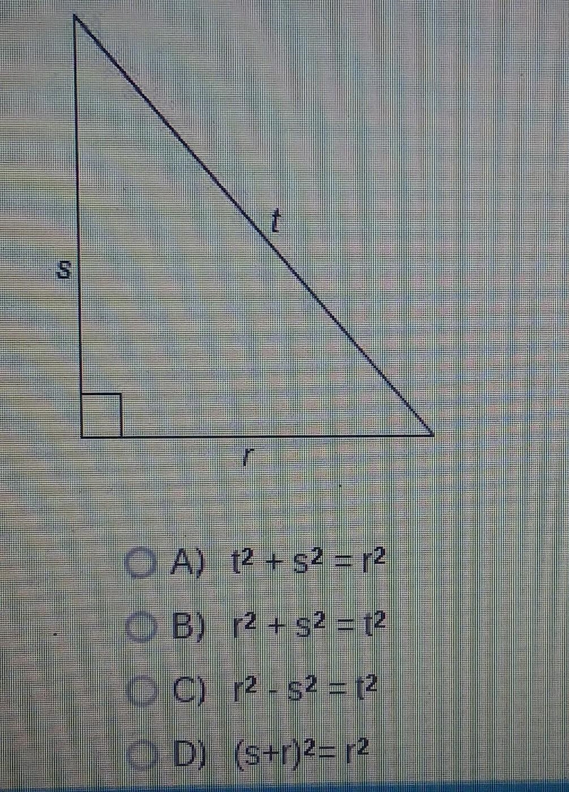 The triangle is a right triangle with the right angle marked. Which equation correctly-example-1