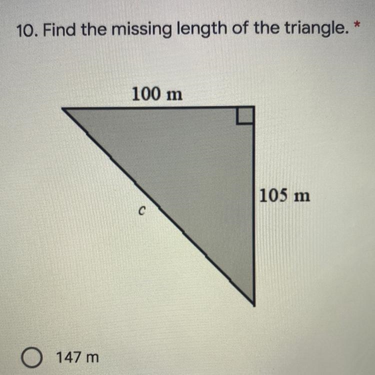 Find the missing leg that of the triangle one leg is 100m the other leg is 105m-example-1