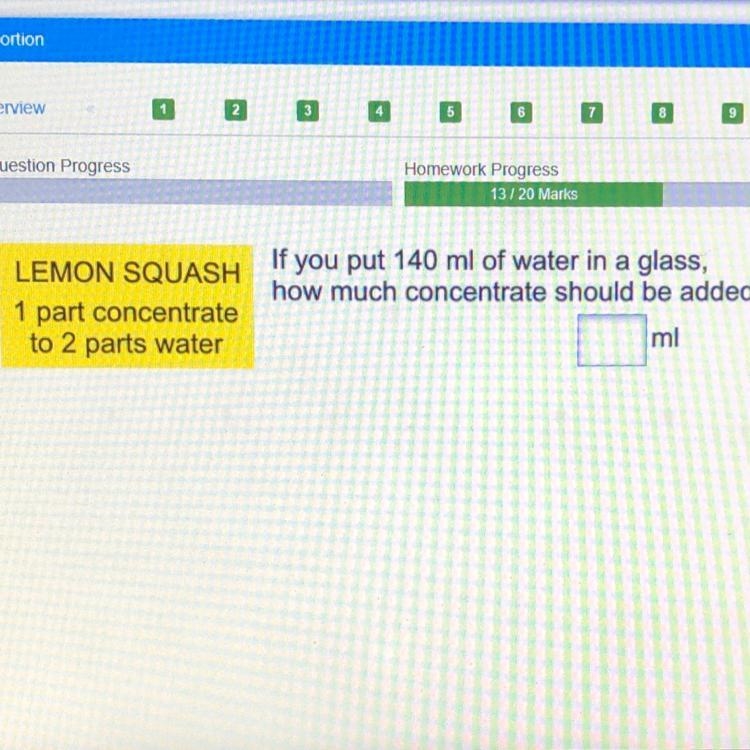 If you put 140 rail of water in a glass, how much concentrate should be added? Lemon-example-1