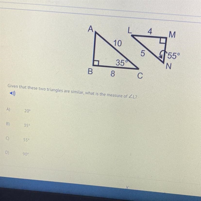 Given that these two triangles are similar, what is the measure of L???-example-1