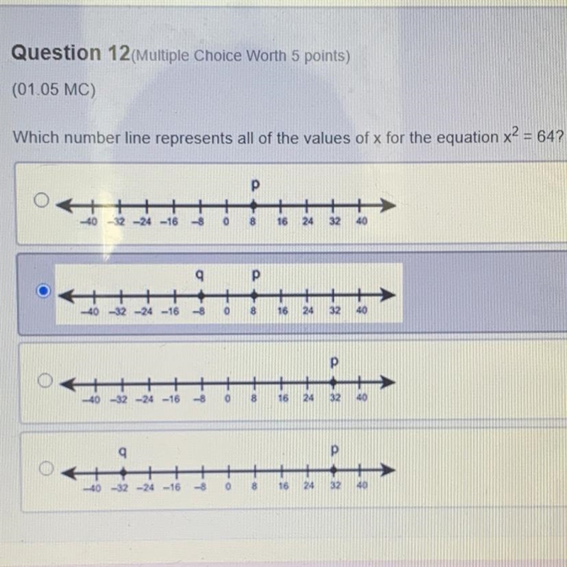 Which number line represents all of the values of X for the equation X^2 equals 64?-example-1