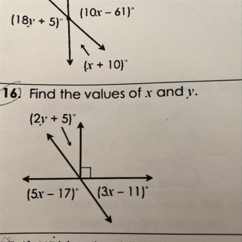 16. Find the values of x and y. (2y + 5) (5r - 17) (3r - 11)-example-1