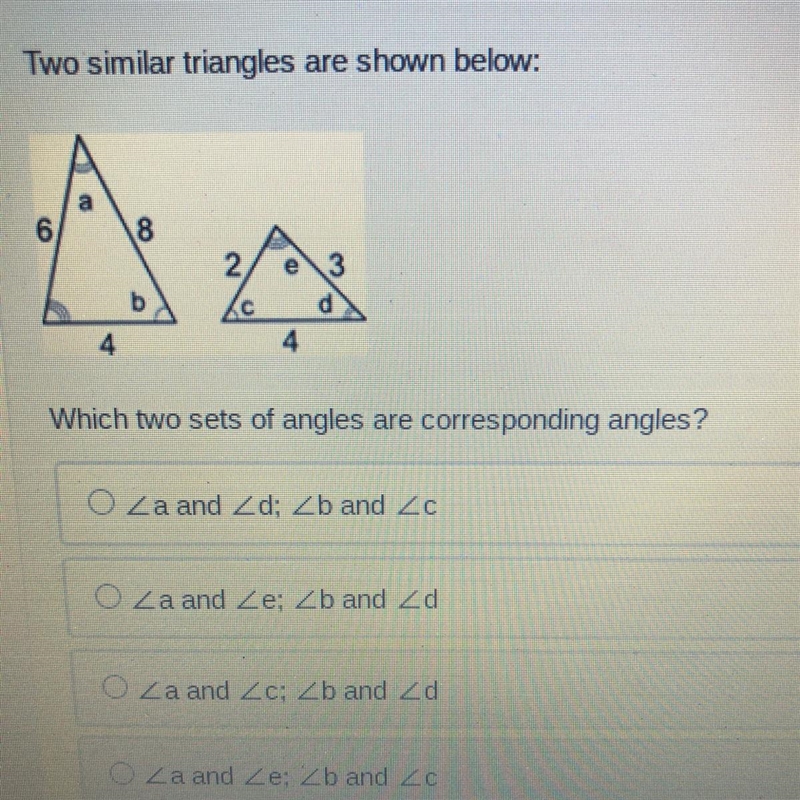 Two similar triangles are shown below: a 6 8 2 3 b 4 Which two sets of angles are-example-1