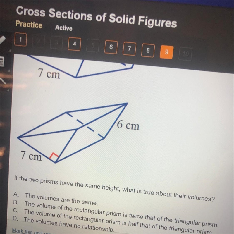 If the two prisms have the same height, what is true about their volumes Other side-example-1