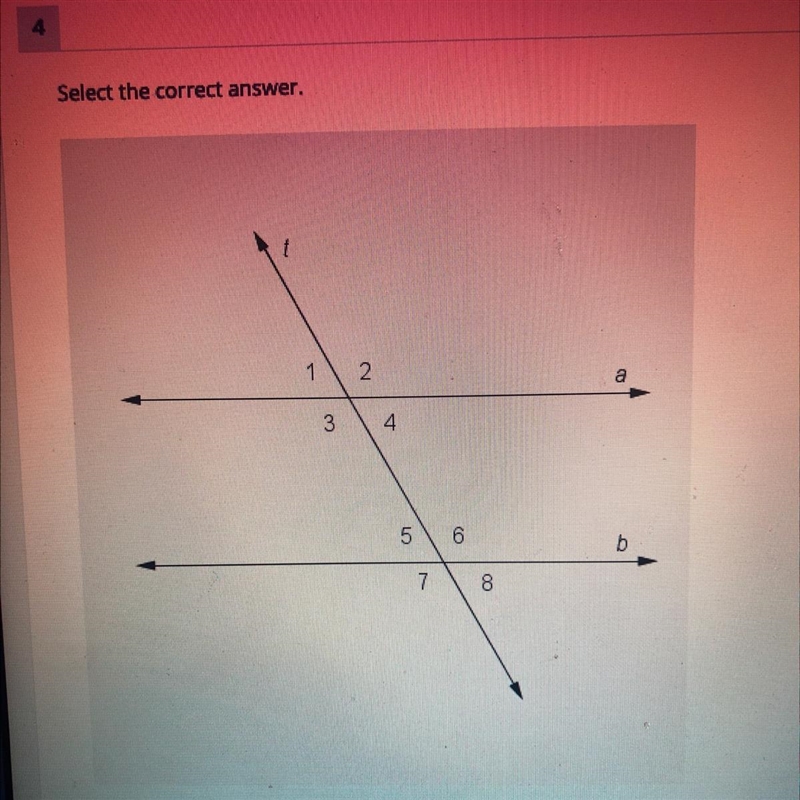 In the diagram, transversal t cuts parallel lines a and b. Which equation is necessarily-example-1