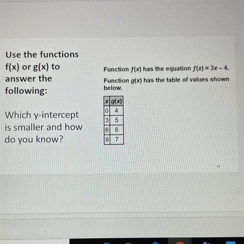 Use the functions f(x) or g(x) to answer the following: Function f(x) has the equation-example-1