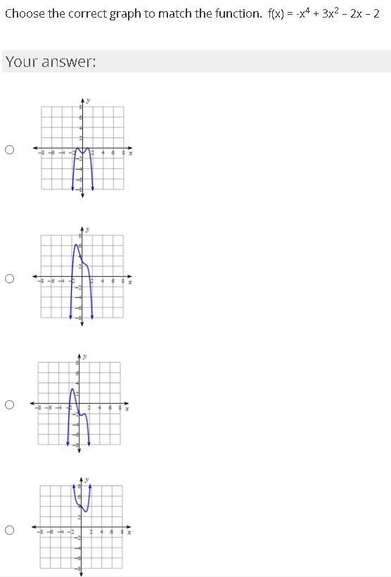 Choose the correct graph to match the function. f(x) = -x4 + 3x2 – 2x – 2-example-1