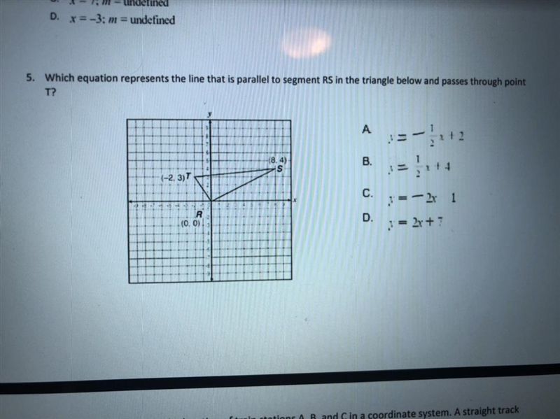 Which equation represents the line that is parallel to segment RS in the triangle-example-1