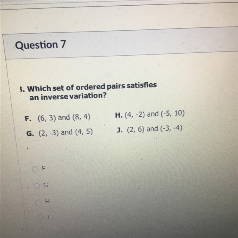 Which set of ordered pairs satisfies an inverse variation?-example-1